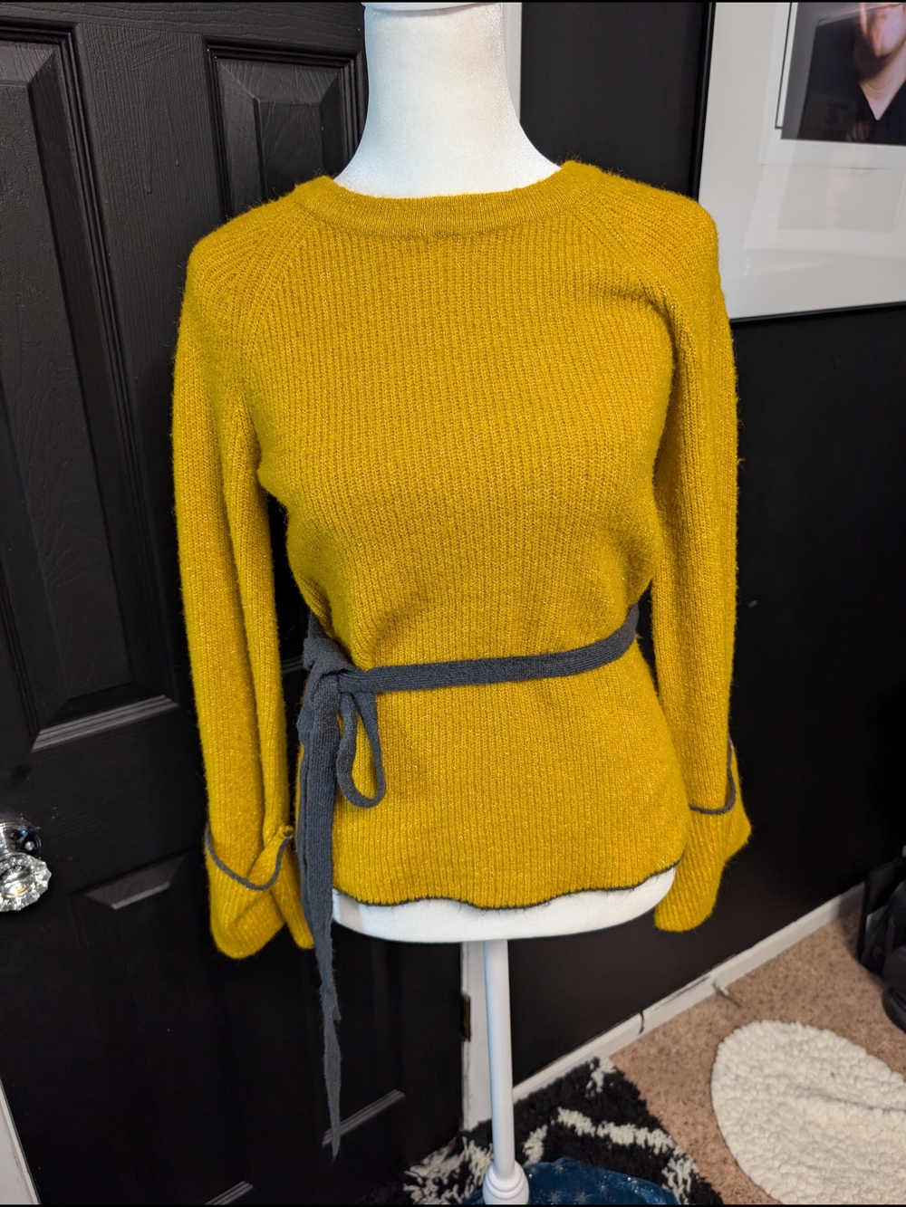 Philosophy Mustard Yellow Crewneck Sweater with Gray Tie Waist